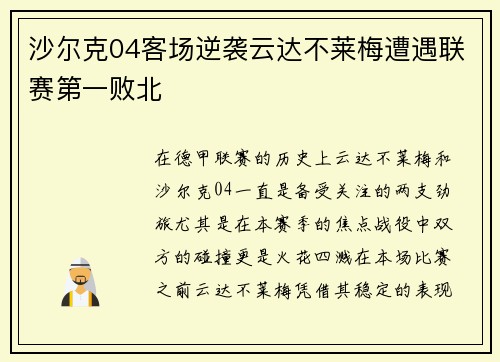 沙尔克04客场逆袭云达不莱梅遭遇联赛第一败北