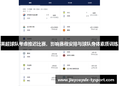 英超球队考虑推迟比赛，影响赛程安排与球队身体素质训练